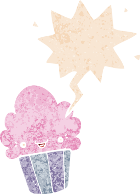 Yüzü konuşma baloncuğu olan, grunge 'da sıkıntılı, desenli bir insan tarafından çizilmiş bir kek.