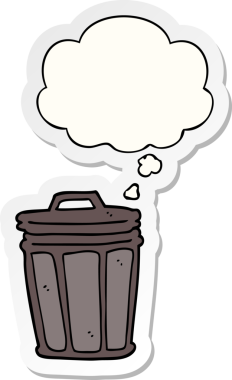 İnsan tarafından çizilmiş bir çıkartma olarak düşünce baloncuğu olan çizgi film çöp kutusu.