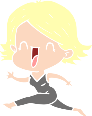 Bir insan tarafından çizilmiş düz renkli mutlu kadın çizgi filmi.