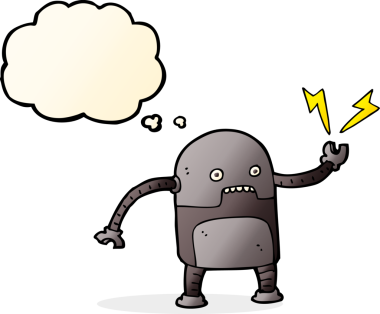 Bir insan tarafından çizilmiş düşünce baloncuklu komik robot.