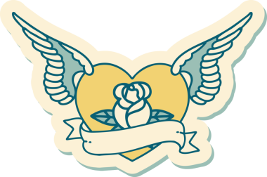 Geleneksel bir dövme stili. Uçan kalp. Çiçekler ve bir insan tarafından çizilmiş bayrak.