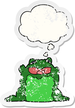 Düşünce baloncuklu çizgi film karakurbağası insan tarafından çizilmiş yıpranmış bir çıkartma.