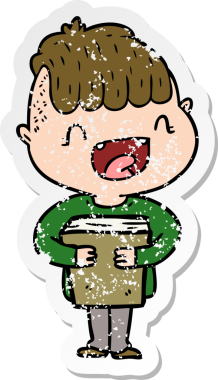 Bir insan tarafından çizilmiş yeni kitapları olan mutlu bir çocuğun sıkıntılı çıkartması.