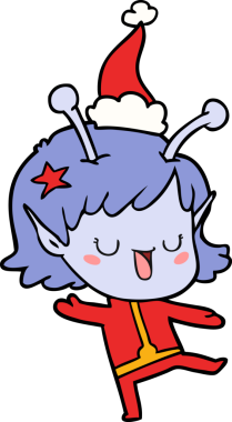 Mutlu uzaylı kız bir insan tarafından çizilmiş Noel Baba şapkası ile çizilmiş.