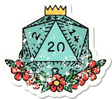 Bir insan tarafından çizilmiş çiçek elementleriyle 20 D20 zarının grunge sticker 'ı.