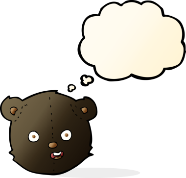 Bir insan tarafından çizilmiş düşünce baloncuklu siyah oyuncak ayı kafası.