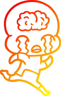 Bir çizgi filmin sıcak çizgi çizimi. Bir insan tarafından çizilmiş ağlayan büyük beyin uzaylısı.