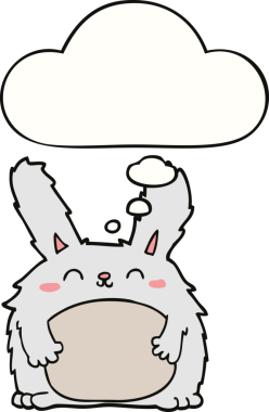 Bir insan tarafından çizilmiş düşünce balonlu kürklü tavşan çizgi filmi.