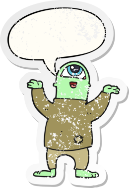 Konuşma baloncuklu bir cadılar bayramı canavarı bir insan tarafından çizilmiş sıkıntılı eski bir çıkartma.