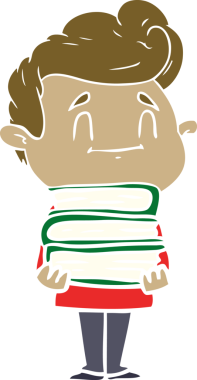 Bir insan tarafından çizilmiş bir yığın yeni kitabı olan mutlu düz renkli çizgi film adamı.