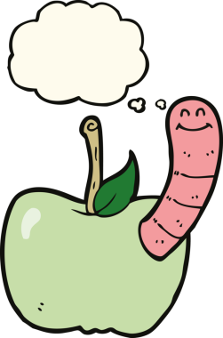 Bir insan tarafından çizilmiş düşünce baloncuğu solucanlı çizgi film elması