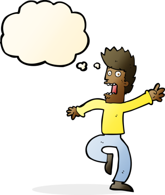 Bir insan tarafından çizilmiş düşünce baloncuğu olan korkmuş bir adam.