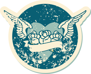 İkonik sıkıntılı dövme stili kanatlı kalp resmi çiçekler ve bir insan tarafından çizilmiş pankart