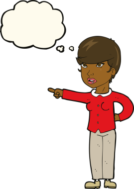 Bir insan tarafından çizilmiş düşünce baloncuğuyla suçlanan çizgi film kadını.