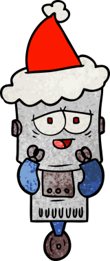 Bir insan tarafından çizilmiş Noel Baba şapkası giyen bir robotun el çizimi karikatürü.