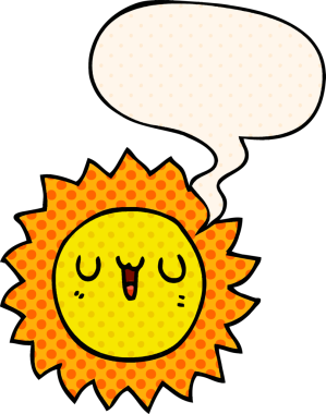 Bir insan tarafından çizilmiş çizgi roman tarzında konuşma baloncuğu olan bir çizgi film güneşi.