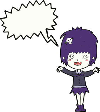 Bir insan tarafından çizilmiş konuşma balonlu mutlu vampir kız çizgi filmi.