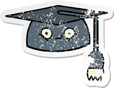 Bir insan tarafından çizilmiş şirin bir çizgi film mezuniyet şapkasının sıkıntılı çıkartması.