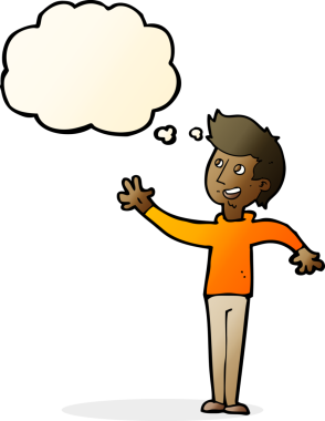 Bir insan tarafından çizilmiş düşünce baloncuğuyla el sallayan çizgi film adamı.