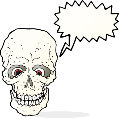 Bir insan tarafından çizilmiş konuşma baloncuğu olan karikatürümsü kafatası.