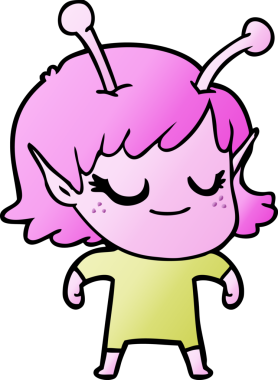 Bir insan tarafından çizilmiş gülümseyen uzaylı kız çizgi filmi.