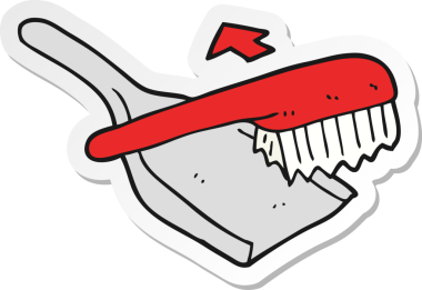 Bir insan tarafından çizilmiş karikatür tozu ve fırça etiketi.