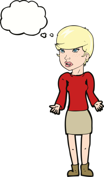 Bir insan tarafından çizilmiş düşünce baloncuğu olan kafası karışık bir kadın çizgi filmi.