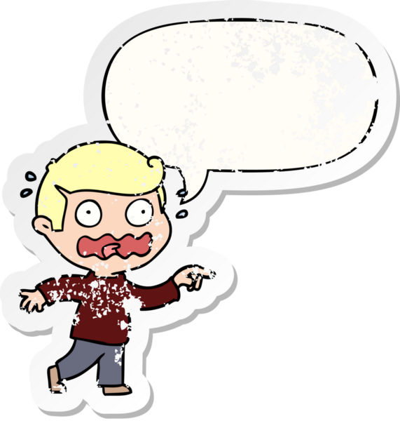 Çizgi film, bir insan tarafından çizilmiş sıkıntılı eski bir çıkartma ile konuşma balonunu işaret ederek vurguladı.