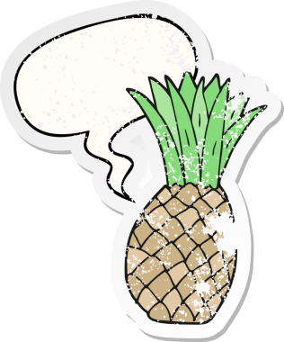 Konuşma baloncuklu çizgi film ananasları bir insan tarafından çizilmiş sıkıntılı eski bir çıkartma