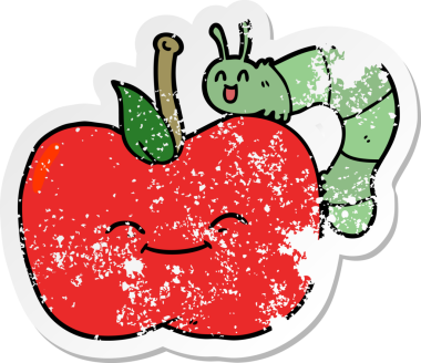 Bir insan tarafından çizilmiş elma ve böceğin sıkıntılı çıkartması.