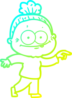 Bir insan tarafından çizilmiş, mutlu, yaşlı bir kadının çizimi.