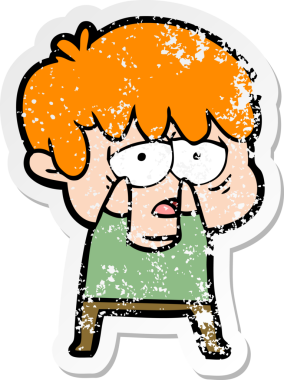 Bir insan tarafından çizilmiş bitkin bir çizgi film karakterinin sıkıntılı çıkartması.