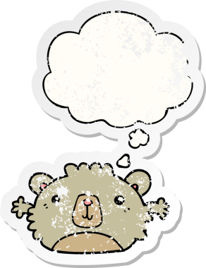 Düşünce baloncuğu olan komik çizgi film ayısı bir insan tarafından çizilmiş yıpranmış bir çıkartma.