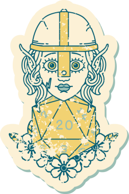 Retro Tattoo stili elf dövüşçüsü. Bir insan tarafından çizilmiş 20 zar ile.