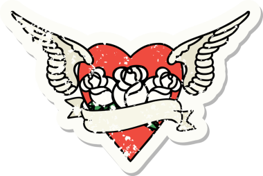 Geleneksel kalp stili dövmeli, kanatlı, çiçekli ve bir insan tarafından çizilmiş dövmeli.