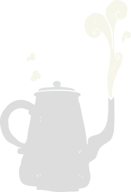 Bir insan tarafından çizilmiş dumanı tüten kahve demliğinin düz renk çizimi