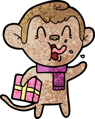 Bir insan tarafından çizilmiş Noel hediyesi olan çılgın çizgi film maymunu.