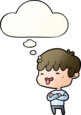 Çizgi filmci çocuk, bir insan tarafından çizilmiş yumuşak eğimli düşünce baloncuğuyla dilini dışarı çıkarıyor.