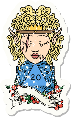 Bir insan tarafından çizilmiş doğal yirmi zarlı barbar bir elf karakterinin grunge çıkartması.