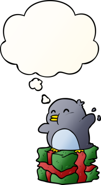 Bir insan tarafından çizilmiş yumuşak eğimli düşünce baloncuğu olan penguen çizgi filmi.