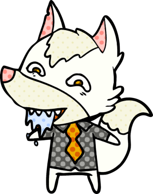 Bir insan tarafından çizilmiş ofis kıyafetleri içinde aç kurt çizgi filmi.