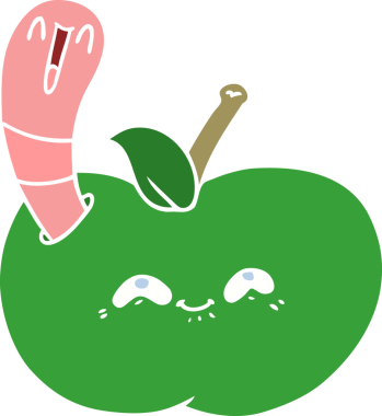 Düz renkli çizgi film solucanı bir insan tarafından çizilmiş mutlu bir elma.