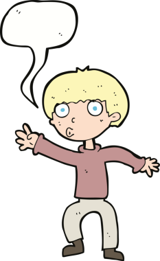 Çizgi filmci çocuk bir insan tarafından çizilmiş konuşma balonuyla uyarı sallıyor.