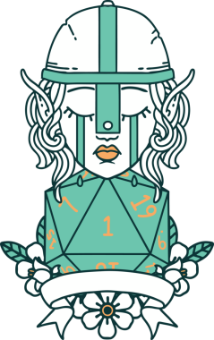 Retro Dövme Tarzı Ağlayan Elf Savaşçısı karakteri yüzü ve bir insan tarafından çizilmiş D20 rulosu.