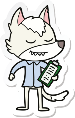 Bir insan tarafından çizilmiş notları olan dost canlısı bir kurt çizgi film etiketi.