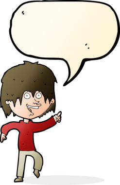 Bir insan tarafından çizilmiş konuşma balonu olan mutlu bir çocuk.