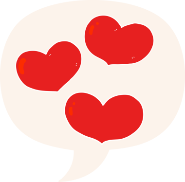 Bir insan tarafından çizilmiş eski tarz konuşma baloncuklu karikatür aşk kalpleri.