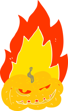 Bir insan tarafından çizilmiş alevli Cadılar Bayramı balkabağının düz renk çizimi