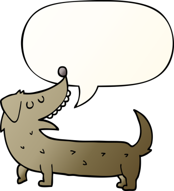 Bir insan tarafından çizilmiş, konuşma baloncuklu çizgi film köpeği.