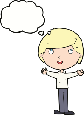 Bir insan tarafından çizilmiş düşünce balonu olan mutlu çocuk çizgi filmi.